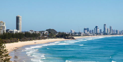 View north from Burleigh Heads towards the Gold Coast - Surfers Paradise. The stretch of beautiful sand is one of the most popular and well known in Australia