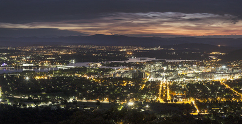 Panoramic view of Canberra at sunset.