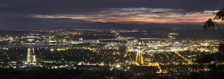 Panoramic view of Canberra at sunset.