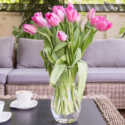 Modern patio, with grey patio set. Two cups on the table and a vase with flowers.