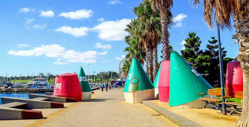 Town of Geelong near Melbourne, Colourfull teepees on the beach front.