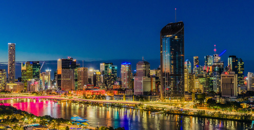 BRISBANE, AUSTRALIA. Night time areal image of Brisbane CBD and South Bank. Brisbane is the capital of QLD and the third largest city in Australia