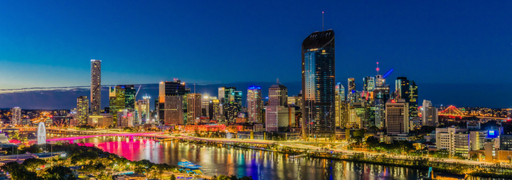 BRISBANE, AUSTRALIA. Night time areal image of Brisbane CBD and South Bank. Brisbane is the capital of QLD and the third largest city in Australia