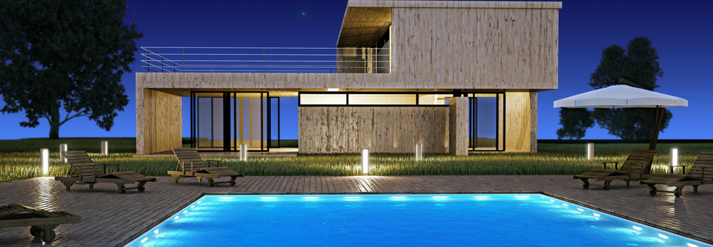 Modern house with swimming pool in night vision