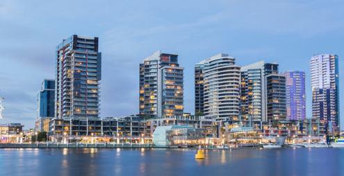 Panoramic image of the Docklands waterfront in Melbourne, Australia