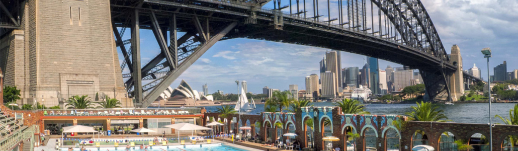 View of North Sydney. Bridge over a river. Over the river you have the skyline of Sydney