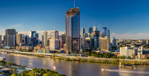 Panoramic areal image of Brisbane CBD and South Bank. Brisbane is the capital of QLD and the third largest city in Australia