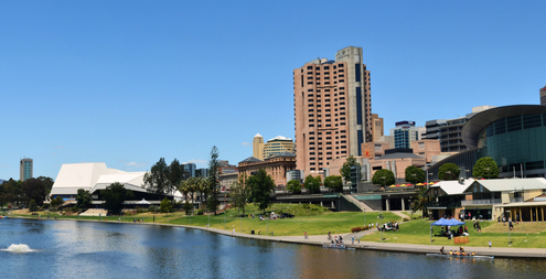 A panoramic view of the Adelaide skyline from the River Torrens.