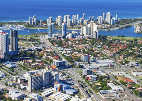 Arial view of Southport on the Gold Coast of Australia. High rise buildings with the sea and beaches.